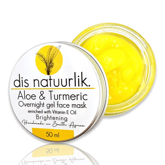 Overnight gel face mask made with aloe gel and turmeric root essential oil to help brighten your skin